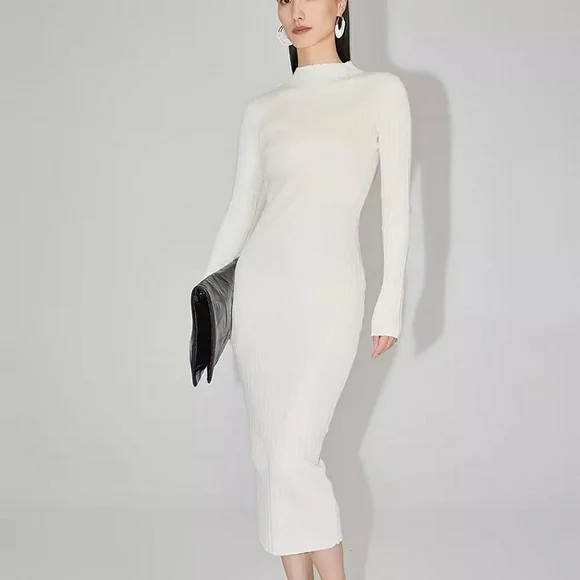 Cream Ribbed Knit High Neck Midi Dress - Picture 1 of 15